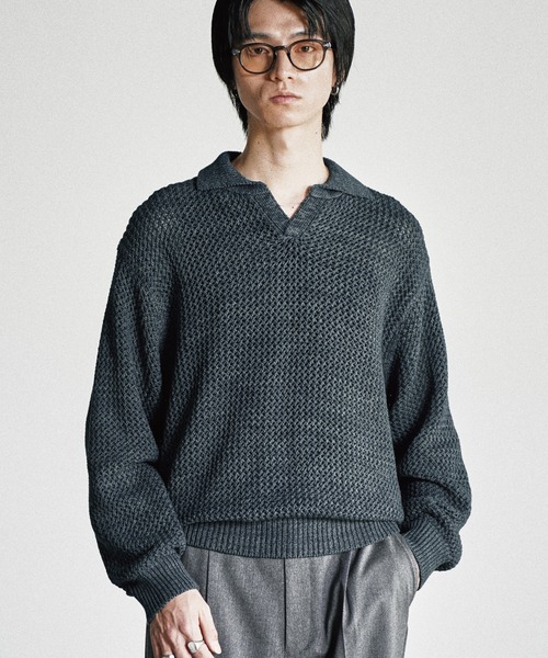 WYM LIDNM（ウィム バイ リドム）の「LOW GAUGE MESH KNIT POLO（ニット/セーター・メンズ・グレイッシュブルー/レッド/チャコール・S/M/L）」の2枚目の写真