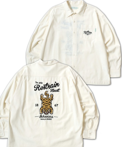 POWER TO THE PEOPLE(パワートゥーザピープル)の「2026SS POWER TO THE PEOPLE/パワートゥザピープル オーバーサイズ チベタンタイガー バック刺繍 長袖シャツ(シャツ/ブラウス・メンズ・アイボリー/ブラック・M/L/LL)」の2枚目の写真