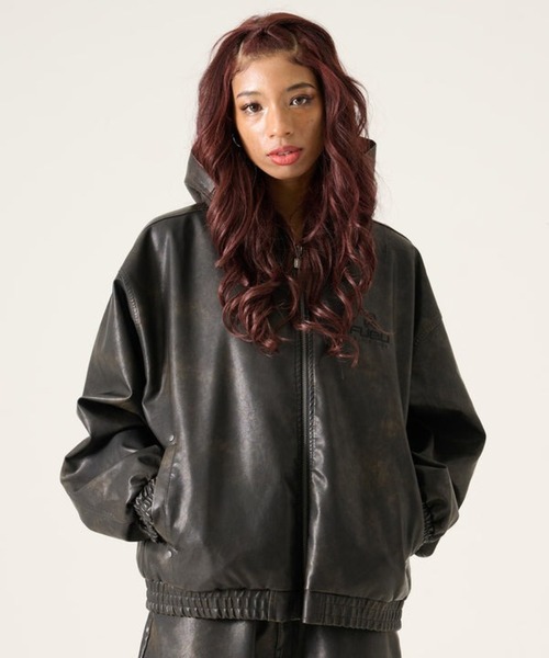 FUBU-Faux Leather Short Hooded Jacket