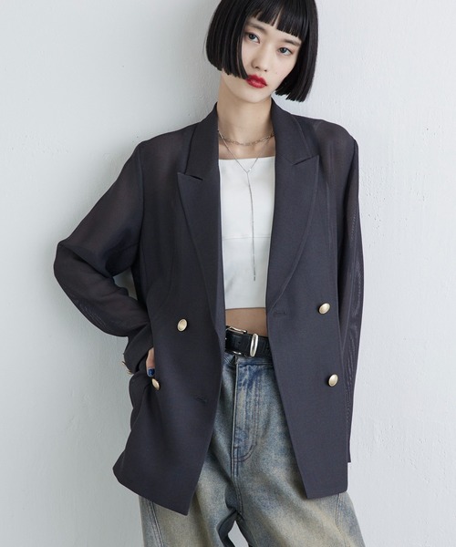 Lui's（ルイス）の「【MIU セレクト】メッシュダブルジャケット（テーラードジャケット・レディース・チャコールグレー/ブラック/ベージュ・FREE）」の2枚目の写真