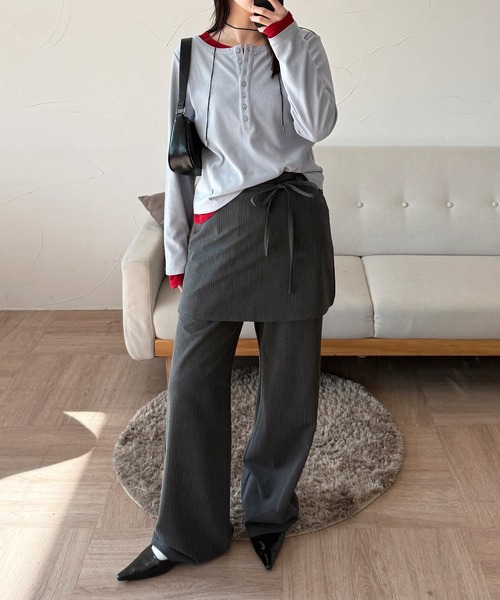 MUHET（ミュエータ）の「【set item】skirt & easy pants / レイヤードスカート＆イージーパンツセット（スラックス・レディース・ベージュ/ネイビー/チャコールグレー・SMALL/MEDIUM/LARGE）」の7枚目の写真