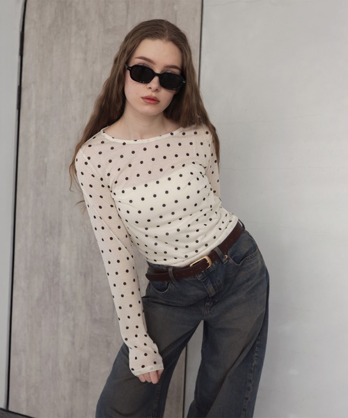 Mili affinity(ミリアフィニティー)の「ドット柄ロングシアーTシャツ(Tシャツ/カットソー・レディース・ホワイト系/ブラック系/グレー系・FREE)」の9枚目の写真
