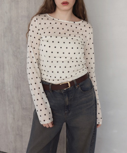Mili affinity(ミリアフィニティー)の「ドット柄ロングシアーTシャツ(Tシャツ/カットソー・レディース・ホワイト系/ブラック系/グレー系・FREE)」の10枚目の写真