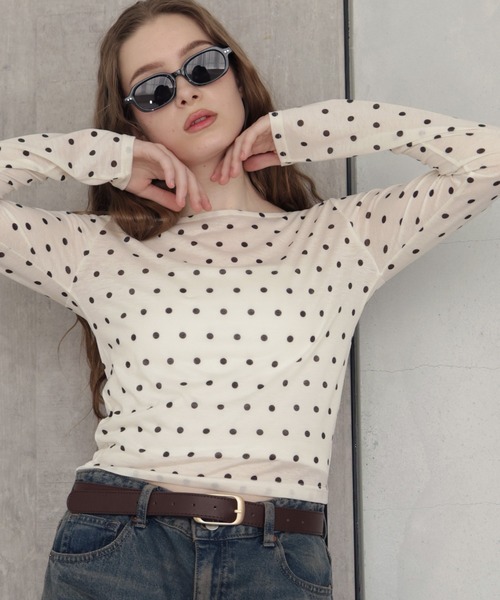 Mili affinity(ミリアフィニティー)の「ドット柄ロングシアーTシャツ(Tシャツ/カットソー・レディース・ホワイト系/ブラック系/グレー系・FREE)」の14枚目の写真