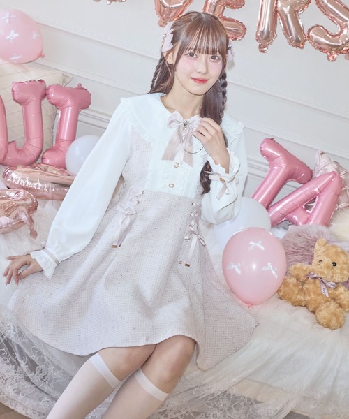 ROJITA(ロジータ)の「レースアップラメツイードワンピース(ワンピース・レディース・ブルー/ブラック/ピンク・FREE)」の5枚目の写真
