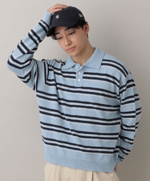 RAGEBLUE（レイジブルー）の「Lowgage Border Pattern Knit Polo/ボーダーニットポロ（ポロシャツ・メンズ・ネイビー/ホワイト系その他/ライトブルー・MEDIUM/LARGE）」の3枚目の写真