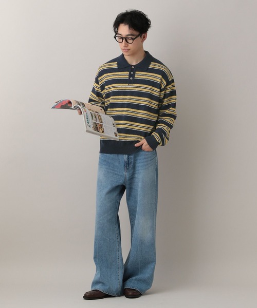 RAGEBLUE（レイジブルー）の「Lowgage Border Pattern Knit Polo/ボーダーニットポロ（ポロシャツ・メンズ・ネイビー/ホワイト系その他/ライトブルー・MEDIUM/LARGE）」の20枚目の写真