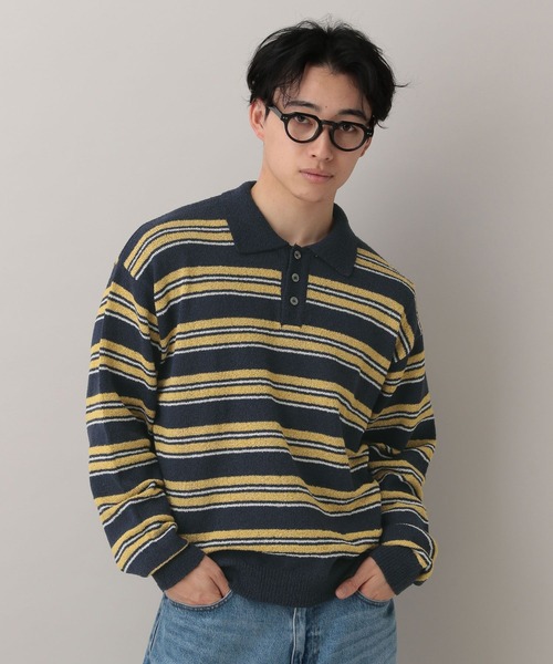 RAGEBLUE（レイジブルー）の「Lowgage Border Pattern Knit Polo/ボーダーニットポロ（ポロシャツ・メンズ・ネイビー/ホワイト系その他/ライトブルー・MEDIUM/LARGE）」の13枚目の写真