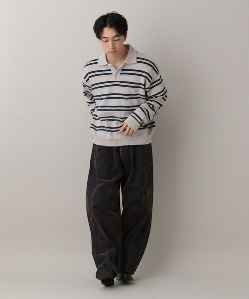 RAGEBLUE（レイジブルー）の「Lowgage Border Pattern Knit Polo/ボーダーニットポロ（ポロシャツ・メンズ・ネイビー/ホワイト系その他/ライトブルー・MEDIUM/LARGE）」の5枚目の写真