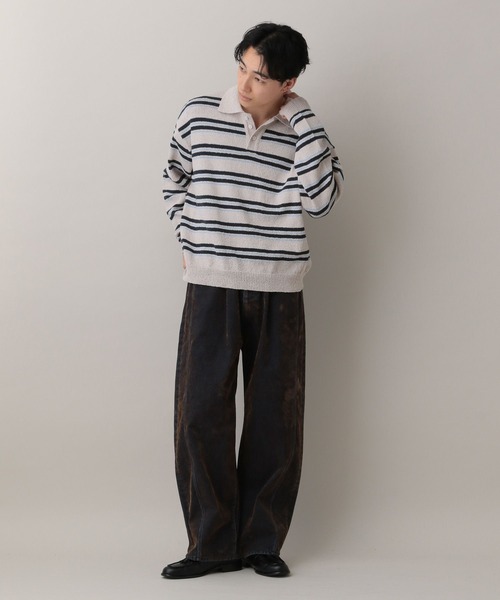 RAGEBLUE（レイジブルー）の「Lowgage Border Pattern Knit Polo/ボーダーニットポロ（ポロシャツ・メンズ・ネイビー/ホワイト系その他/ライトブルー・MEDIUM/LARGE）」の6枚目の写真