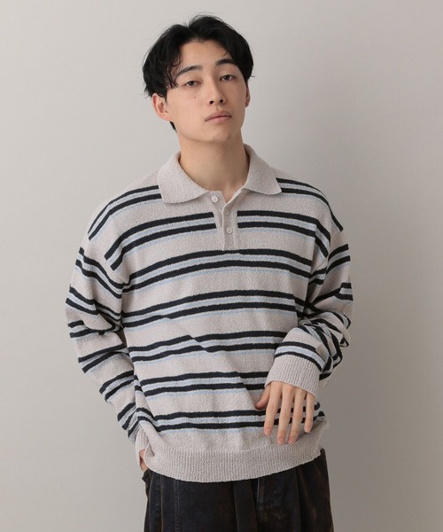 RAGEBLUE（レイジブルー）の「Lowgage Border Pattern Knit Polo/ボーダーニットポロ（ポロシャツ・メンズ・ネイビー/ホワイト系その他/ライトブルー・MEDIUM/LARGE）」の8枚目の写真