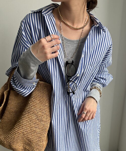 DouDou(ドゥドゥ)の「ロングロンTEE(Tシャツ/カットソー・レディース・オフホワイト/ネイビー/ベージュ/グレー・FREE)」の2枚目の写真