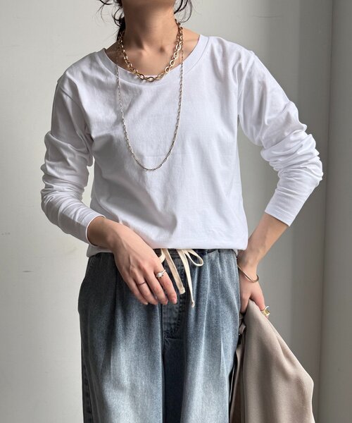 DouDou(ドゥドゥ)の「ロングロンTEE(Tシャツ/カットソー・レディース・オフホワイト/ネイビー/ベージュ/グレー・FREE)」の14枚目の写真