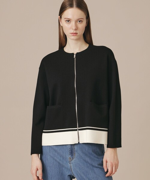MACKINTOSH LONDON(マッキントッシュ ロンドン)の「ミラノリブボーダージャケット(ノーカラージャケット・レディース・ブラック/ベージュ・38)」の1枚目の写真