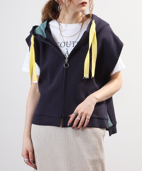 EGLANTINE(エグランティーヌ)の「EGLANTINE セットアップ対応 メッシュジップパーカーベスト(ベスト・レディース・ネイビー/ベージュ/シルバーグレー・40)」の3枚目の写真