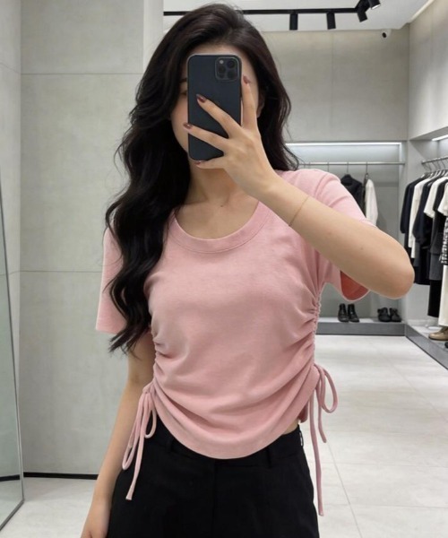 semplice(センプリチェ)の「大人カジュアル ドローコード ショート丈 T シャツ(Tシャツ/カットソー・レディース・グリーン/ピンク/ホワイト・L/M)」の3枚目の写真