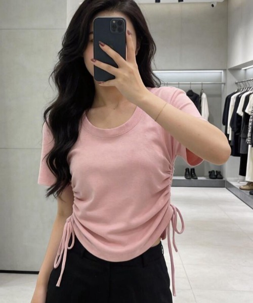 semplice(センプリチェ)の「大人カジュアル ドローコード ショート丈 T シャツ(Tシャツ/カットソー・レディース・グリーン/ピンク/ホワイト・L/M)」の4枚目の写真