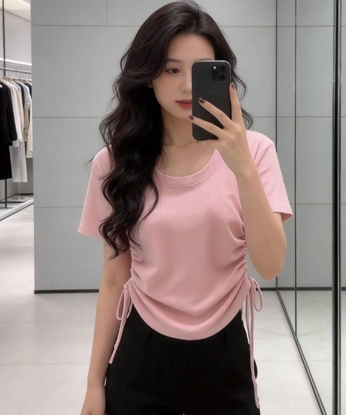 semplice(センプリチェ)の「大人カジュアル ドローコード ショート丈 T シャツ(Tシャツ/カットソー・レディース・グリーン/ピンク/ホワイト・L/M)」の5枚目の写真