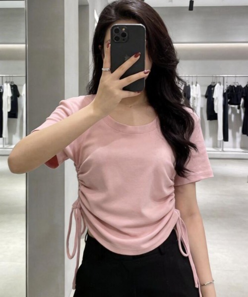 semplice(センプリチェ)の「大人カジュアル ドローコード ショート丈 T シャツ(Tシャツ/カットソー・レディース・グリーン/ピンク/ホワイト・L/M)」の6枚目の写真