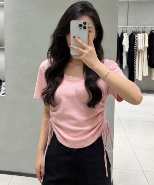 semplice(センプリチェ)の「大人カジュアル ドローコード ショート丈 T シャツ(Tシャツ/カットソー・レディース・グリーン/ピンク/ホワイト・L/M)」の7枚目の写真