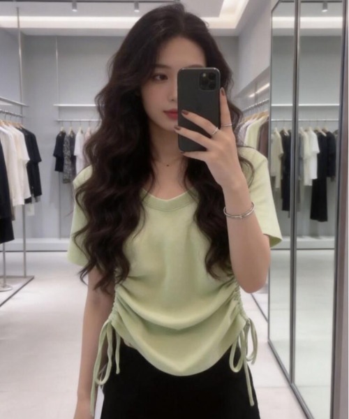 semplice(センプリチェ)の「大人カジュアル ドローコード ショート丈 T シャツ(Tシャツ/カットソー・レディース・グリーン/ピンク/ホワイト・L/M)」の9枚目の写真