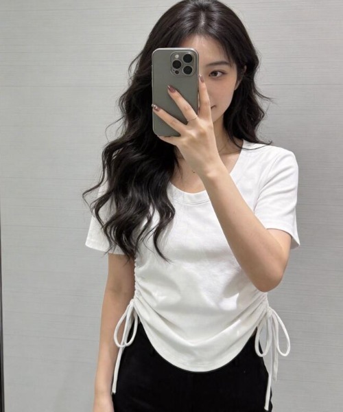 semplice(センプリチェ)の「大人カジュアル ドローコード ショート丈 T シャツ(Tシャツ/カットソー・レディース・グリーン/ピンク/ホワイト・L/M)」の11枚目の写真