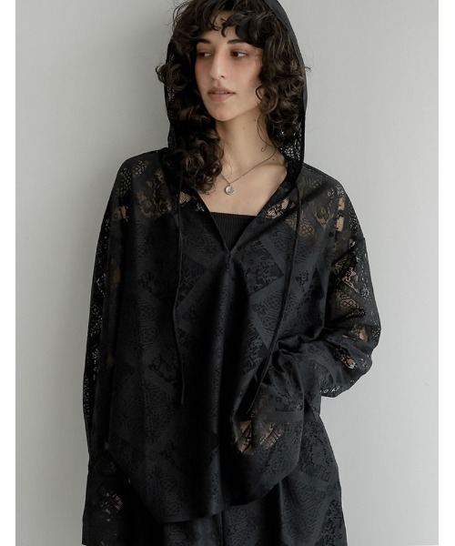 Re:EDIT（リエディ）の「[2026 SUMMER COLLECTION]ストレッチブロックレースフードシャツ（シャツ/ブラウス・レディース・アイボリー/ブラック・LARGE/MEDIUM）」の7枚目の写真