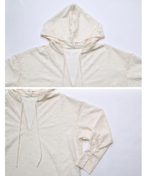 Re:EDIT（リエディ）の「[2026 SUMMER COLLECTION]ストレッチブロックレースフードシャツ（シャツ/ブラウス・レディース・アイボリー/ブラック・LARGE/MEDIUM）」の17枚目の写真
