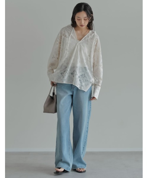 Re:EDIT（リエディ）の「[2026 SUMMER COLLECTION]ストレッチブロックレースフードシャツ（シャツ/ブラウス・レディース・アイボリー/ブラック・LARGE/MEDIUM）」の10枚目の写真