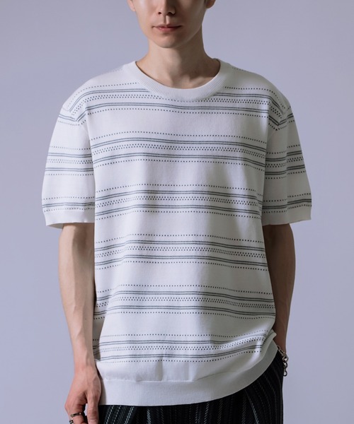 Crownor(クラウノアー)の「ジャガード ボーダー ニット Tシャツ(ニット/セーター・メンズ・ブラック/グリーン/ホワイト・LARGE/MEDIUM)」の2枚目の写真
