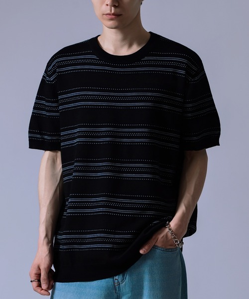 Crownor(クラウノアー)の「ジャガード ボーダー ニット Tシャツ(ニット/セーター・メンズ・ブラック/グリーン/ホワイト・LARGE/MEDIUM)」の1枚目の写真