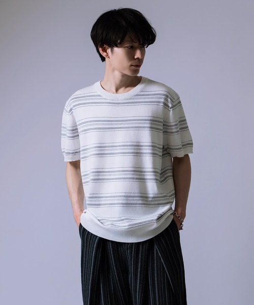 Crownor(クラウノアー)の「ジャガード ボーダー ニット Tシャツ(ニット/セーター・メンズ・ブラック/グリーン/ホワイト・LARGE/MEDIUM)」の4枚目の写真