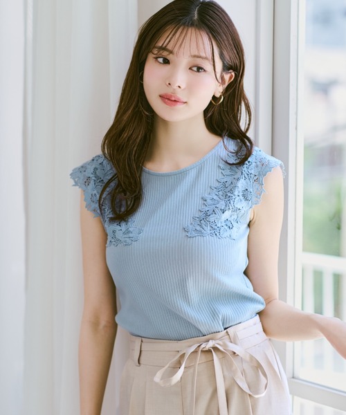 MISCH MASCH（ミッシュマッシュ）の「2026春夏新作 レーストリミングカットソー（ニット/セーター・レディース・ホワイト/レッド/ライトグリーン/ブラック/ホワイト×ブラック・ﾌﾘ-）」の4枚目の写真