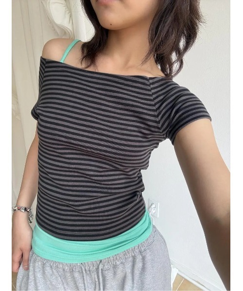 BLACKUP（ブラックアップ）の「[B-BASIC] スタンダードスリムオフショルダー半袖Tシャツ（Tシャツ/カットソー・レディース・ストライプ/ブラック・MEDIUM/SMALL）」の20枚目の写真