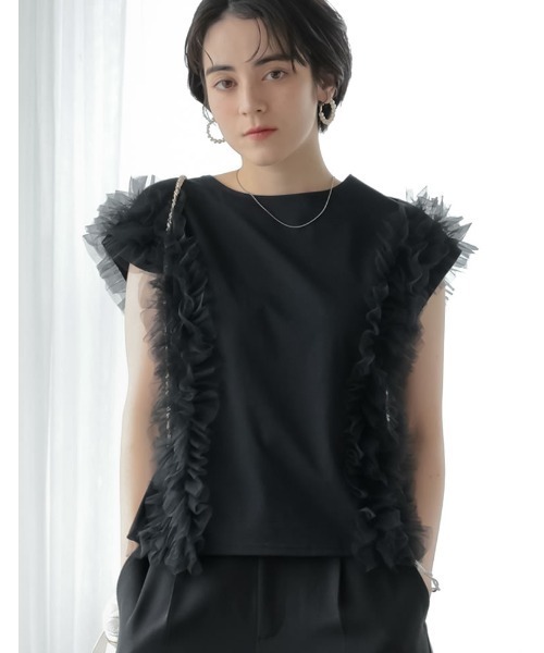 MEISM（ミズム）の「[2026 SUMMER COLLECTION][MEISM by Re:EDIT][接触冷感][UVカット]チュールフリルノースリ―ブカットソー（Tシャツ/カットソー・レディース・ブラック/ホワイト・LARGE/MEDIUM）」の7枚目の写真