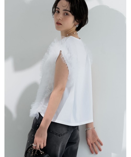 MEISM（ミズム）の「[2026 SUMMER COLLECTION][MEISM by Re:EDIT][接触冷感][UVカット]チュールフリルノースリ―ブカットソー（Tシャツ/カットソー・レディース・ブラック/ホワイト・LARGE/MEDIUM）」の9枚目の写真