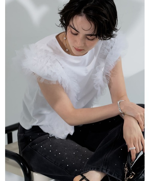 MEISM（ミズム）の「[2026 SUMMER COLLECTION][MEISM by Re:EDIT][接触冷感][UVカット]チュールフリルノースリ―ブカットソー（Tシャツ/カットソー・レディース・ブラック/ホワイト・LARGE/MEDIUM）」の12枚目の写真