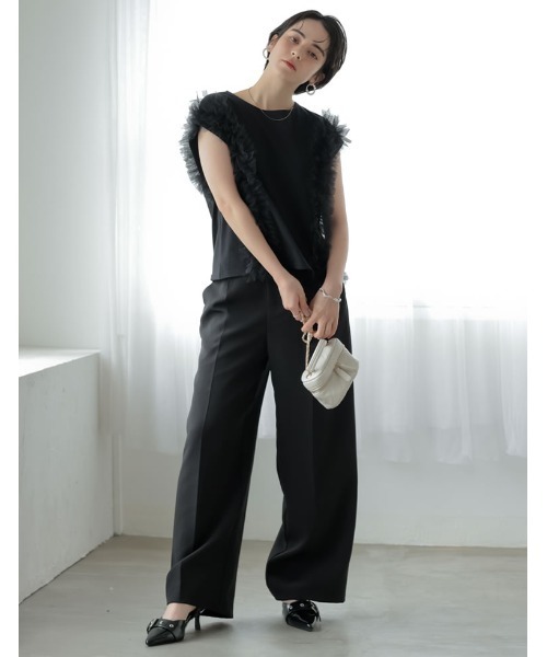 MEISM（ミズム）の「[2026 SUMMER COLLECTION][MEISM by Re:EDIT][接触冷感][UVカット]チュールフリルノースリ―ブカットソー（Tシャツ/カットソー・レディース・ブラック/ホワイト・LARGE/MEDIUM）」の3枚目の写真