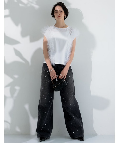 MEISM（ミズム）の「[2026 SUMMER COLLECTION][MEISM by Re:EDIT][接触冷感][UVカット]チュールフリルノースリ―ブカットソー（Tシャツ/カットソー・レディース・ブラック/ホワイト・LARGE/MEDIUM）」の8枚目の写真