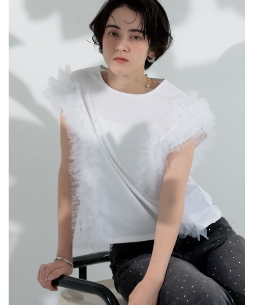 MEISM（ミズム）の「[2026 SUMMER COLLECTION][MEISM by Re:EDIT][接触冷感][UVカット]チュールフリルノースリ―ブカットソー（Tシャツ/カットソー・レディース・ブラック/ホワイト・LARGE/MEDIUM）」の20枚目の写真