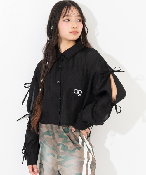 ANAP GiRL(アナップガール)の「袖リボンデザイン シアーシャツ(シャツ/ブラウス・キッズ・ブラック/サックスブルー/ホワイト×ブラック/ホワイト・XS/S/M)」の3枚目の写真