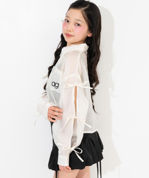 ANAP GiRL(アナップガール)の「袖リボンデザイン シアーシャツ(シャツ/ブラウス・キッズ・ブラック/サックスブルー/ホワイト×ブラック/ホワイト・XS/S/M)」の21枚目の写真
