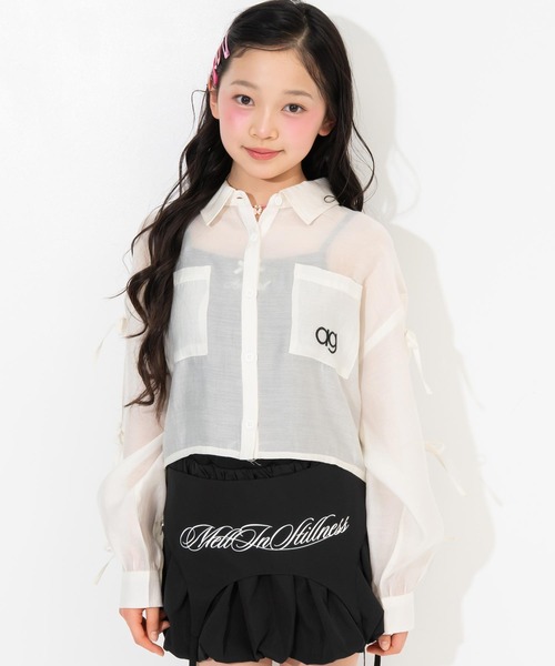 ANAP GiRL(アナップガール)の「袖リボンデザイン シアーシャツ(シャツ/ブラウス・キッズ・ブラック/サックスブルー/ホワイト×ブラック/ホワイト・XS/S/M)」の22枚目の写真