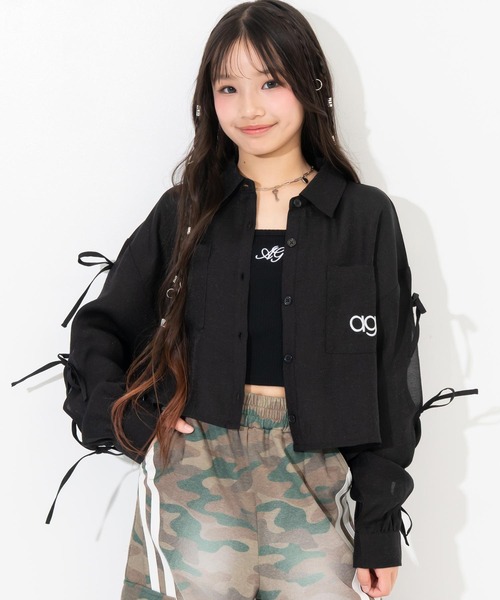 ANAP GiRL(アナップガール)の「袖リボンデザイン シアーシャツ(シャツ/ブラウス・キッズ・ブラック/サックスブルー/ホワイト×ブラック/ホワイト・XS/S/M)」の14枚目の写真