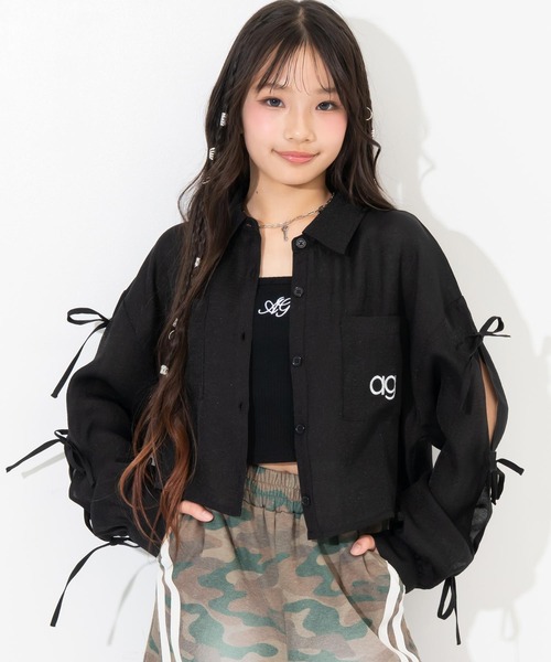 ANAP GiRL(アナップガール)の「袖リボンデザイン シアーシャツ(シャツ/ブラウス・キッズ・ブラック/サックスブルー/ホワイト×ブラック/ホワイト・XS/S/M)」の13枚目の写真