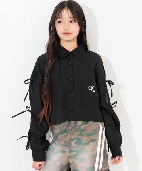 ANAP GiRL(アナップガール)の「袖リボンデザイン シアーシャツ(シャツ/ブラウス・キッズ・ブラック/サックスブルー/ホワイト×ブラック/ホワイト・XS/S/M)」の15枚目の写真