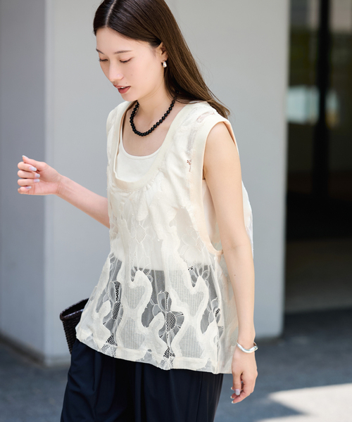 FRAMeWORK(フレームワーク)の「≪追加≫ESTHE OVERSIZED SHEER LACE ベスト(シャツ/ブラウス・レディース・ホワイト/ブラック・FREE)」の2枚目の写真