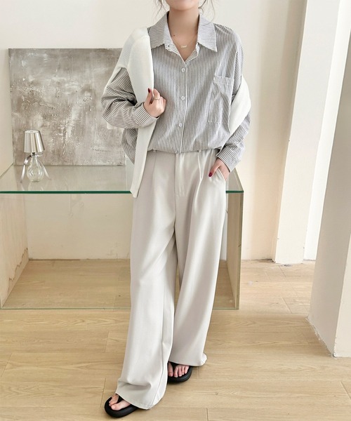 DAY CLOSET(デイ クローゼット)の「【さらっと質感でゆるっと着られる】長袖レギュラーカラー ストライプ オーバーサイズ 開襟 シャツ レディース(シャツ/ブラウス・レディース・ブラック/ピンク/ブルー・L/M)」の22枚目の写真