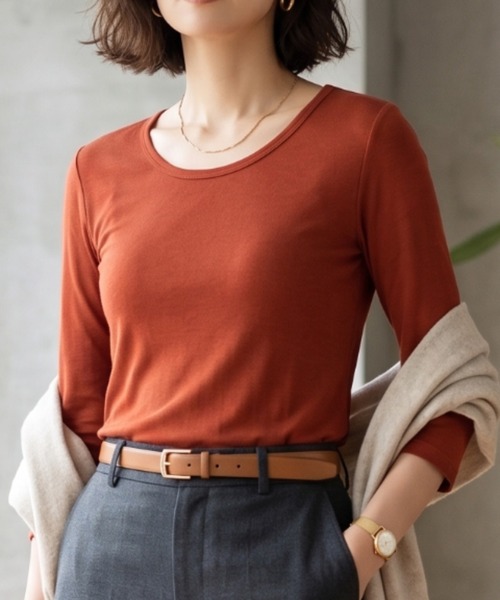 Belta attrice(ベルタアトリーチェ)の「【秋新作】夢見るスムースコットン100 クルーネック7分袖インナーカットソー/薄手 2重仕立て 秋冬(Tシャツ/カットソー・レディース・ダークカーキ/ワイン/ローズ/サンドベージュ/ブラック/バーガンディー/グレー/ライトグリーン/ターコイズブルー/ダークパープル/ストーン・FREE)」の9枚目の写真