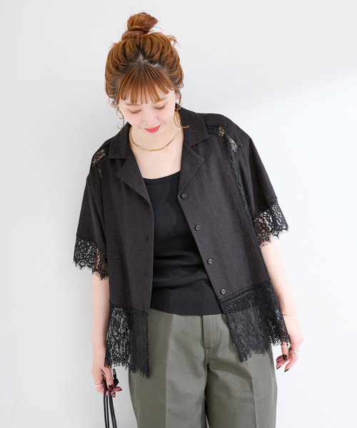 B.C STOCK(ベーセーストック)の「手洗い可 / レース接ぎシャツ(シャツ/ブラウス・レディース・ベージュ/ブラック・FREE)」の7枚目の写真